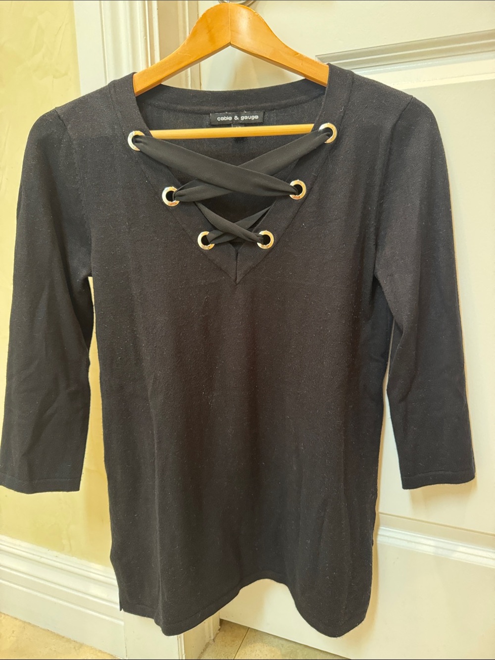Cable & Gauge Black Lace-Up V-Neck Knit Top